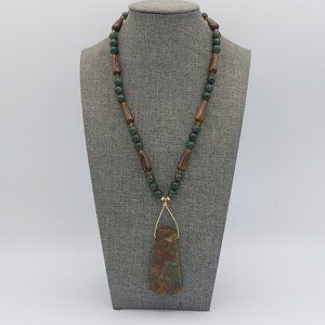 Semi Precious Stone Necklace Green Brown Gold Toned Statement Pendant Natural Ro